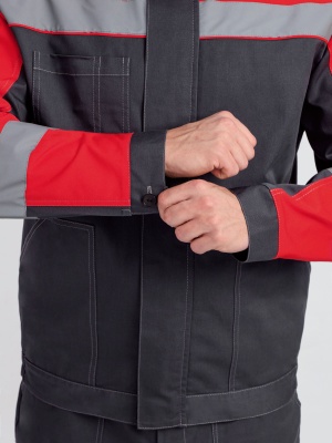 Костюм рабочий с брюками Бриготек-1 (тк.Смесовая,260), 60% хлопка, т.серый/красный