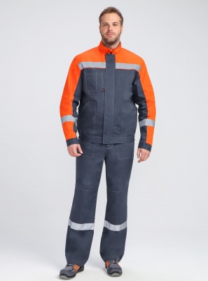 Костюм рабочий с полукомбинезоном Бриготек-2 (тк.Смесовая,260), 60% хлопка, т.серый/оранжевый