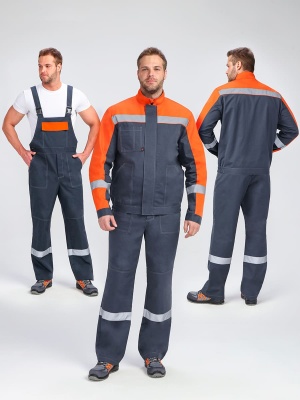 Костюм рабочий с полукомбинезоном Бриготек-2 (тк.Смесовая,260), 60% хлопка, т.серый/оранжевый