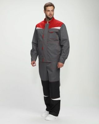 Костюм рабочий Строй-1 МВО защита (хлопок 60%, тк.Смесовая,280) брюки, т.серый/красный/черный