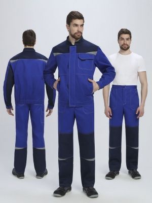 Костюм рабочий Строй-1 МВО защита (хлопок 60%, тк.Смесовая,280) брюки, васильковый/т.синий/черный