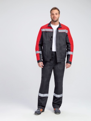 Костюм рабочий с брюками Бриготек-1 (тк.Смесовая,260), 60% хлопка, т.серый/красный