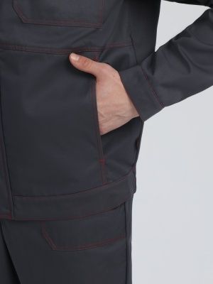 Костюм рабочий Строй-1 МВО защита (хлопок 60%, тк.Смесовая,280) брюки, т.серый/красный/черный