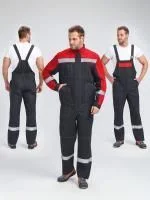 Костюм рабочий с полукомбинезоном Бриготек-2 (тк.Смесовая,260), 60% хлопка, т.серый/красный